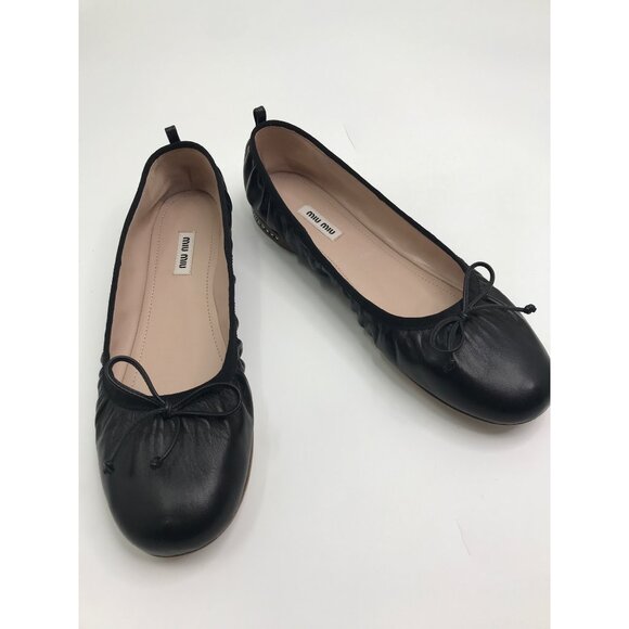 Miu Miu Leather Ballet Bow Rhinestone Heel Flat Shoe Black Size 41 - Picture 2 of 7